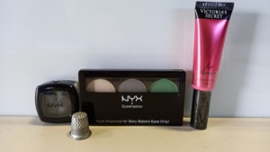 48 PIECE BRAND NEW ASSORTED MAKEUP LOT CONTAINING NYX 3 COLOUR EYESHADOW SETS, NYX EYESHADOW IN BLACK SPARKLE AND VICTORIAS SECRET LIP PLUMPER IN BOMBSHELL PINK - IN 3 BOXES