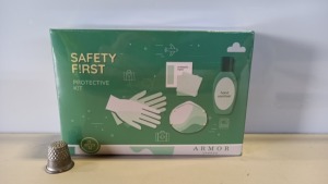 100 X BRAND NEW ARMOR LONDON SAFETY FIRST PROTECTIVE KIT (CONTAINS 1 X KN95 MASK, 1 X ANTI BACTERIAL HAND SANITISER, 10 X ANTI BAC SURFACE WIPES, 1 X DISPOSABLE GLOVES AND 1 X CARRY POUCH) - IN 4 BOXES