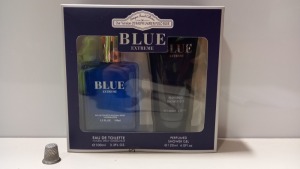 24 X BRAND NEW DESIGNER FRENCH COLLECTION BLUE EXTREME GIFT SET FOR MEN CONTAINING EAU DE TOILETTE NATURAL SPRAY (100ML) AND PERFUMED SHOWER GEL (120ML)