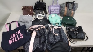 12 PIECE MIXED JACK WILLS BAG LOT CONTAINING BACKPACKS, SATCHEL BAGS AND HANDBAGS IN VARIOUS STYLES
