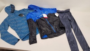 17 PIECE MIXED SUGOI CLOTHING LOT CONTAINING MID ZERO TIGHTS, RFC BLACK JACKETS AND FIREWALL BLUE JACKETS IN 3 TRAYS (NOT INCLUDED)