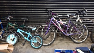 5 PIECE ASSORTED BIKE LOT CONTAINING 2 X CHILDRENS (COMMANDO BUMBER AND ACE WING) AND 3 X ADULT BIKES (WILDTHING, STORM CLOUD AND WHISTLE WITH MISSING REAR WHEEL)