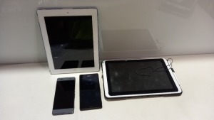 4 PIECE ASSORTED SPARES LOT CONTAINING 1 X 32GB APPLE IPAD 1 X 10 TABLET 2 X SON Y PHONES (PLEASE NOTE ALL FOR SPARES)