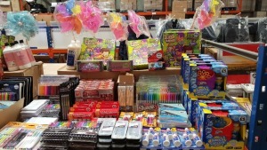 LARGE QUANTITY BRAND NEW ASSORTED LOT CONTAINING HELIX MATHS SETS, PERMANENT MARKERS, BIC WRITING SETS, SWIRLING BUBBLE CYCLONE, BLOCK TECH FIRE DEPT, HELIX OXFORD SET OF MATHEMATICAL INSTRUMENTS, WASHABLE PVA GLUE, JOKES & GAGS GROSS SET, TIPP-EX ETC