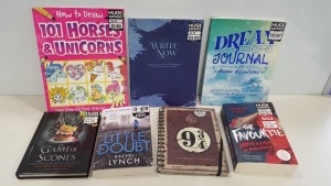 APPROX 200+ BRAND NEW ASSORTED BOOK LOT CONTAINING THE FAVOURITE, IMPOSTER, HOGWARTS EXPRESS NOTEPAD, LITTLE DOUBT, GAME OF SCONES, DREAM JOURNALS, 101 HORSES AND UNICORNS HOW TO DRAW, ETC