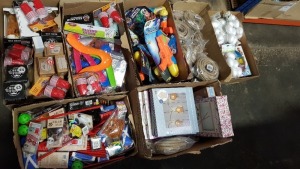 8 BOXES CONTAINING LARGE QUANTITY OF ASSORTED ITEMS INCLUDING HOT MELT GLUE GUN, TAPE SETS, EASTER, HYDRO X WATER SOAKER, FLYING DISKS, BEER PONG, MAKE YOUR OWN MITTEN KIT, PENS, ELASTIC BANDS, BRUSH PEN SETS ETC