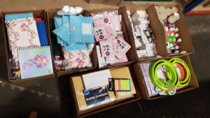 9 BOXES CONTAINING LARGE QUANTITY OF ASSORTED ITEMS INCLUDING GIANT SHOPPING BAGS, OFFICE DEPOT METALLIC PADDED MAILERS, FLYING RING, VARIOUS ACRYLIC PAINTS, BUBBLE ENVELOPES, HP PENCILS AND ERASERS ETC