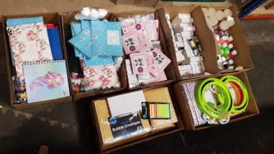 9 BOXES CONTAINING LARGE QUANTITY OF ASSORTED ITEMS INCLUDING GIANT SHOPPING BAGS, OFFICE DEPOT METALLIC PADDED MAILERS, FLYING RING, VARIOUS ACRYLIC PAINTS, BUBBLE ENVELOPES, HP PENCILS AND ERASERS ETC