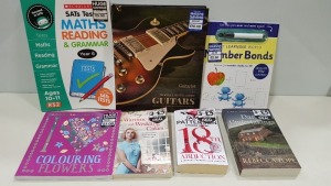 APPROX 200+ BRAND NEW ASSORTED BOOK LOT CONTAINING WARTIME BRIDES AND WEDDING CAKES, LEARNING NUMBER BONDS, THE SHADOW TRACER, COLOURING FLOWERS, THE WORLDS GREATEST ELECTRIC GUITARS ETC