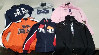 11 PIECE MIXED LONSDALE LOT CONTAINING HOODIES, SWEATSHIRTS AND JACKETS IN VARIOUS STYLES, COLOURS AND SIZES