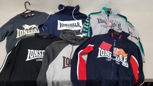 12 PIECE MIXED LONSDALE LOT CONTAINING HOODIES, SWEATSHIRTS AND JACKETS IN VARIOUS STYLES, COLOURS AND SIZES