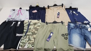 19 PIECE MIXED LONSDALE LOT CONTAINING CHINO SHORTS, JOGGING SHORTS, PYJAMA SHORTS, SWIMMING SHORTS AND DENIM SHORTS IN VARIOUS STYLES, COLOURS AND SIZES ETC
