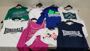 18 PIECE MIXED LONSDALE LOT CONTAINING POLO SHIRTS, VESTS, LONG SLEEVED T SHIRTS AND T SHIRTS IN VARIOUS STYLES, COLOURS AND SIZES ETC