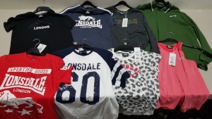 18 PIECE MIXED LONSDALE LOT CONTAINING POLO SHIRTS, VESTS, LONG SLEEVED T SHIRTS AND T SHIRTS IN VARIOUS STYLES, COLOURS AND SIZES ETC