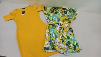 30 PIECE MIXED DOROTHY PERKINS CLOTHING LOT CONTAINING FLOWER DETAILED PLAYSUITS SIZE 14 AND YELLOW JERSEY DRESSES