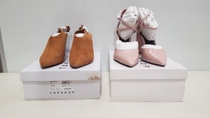 20 PIECE MIXED TOPSHOP SHOE LOT CONTAINING GRAPE PINK HEELED SHOES AND GOJI TAN SHOES SIZE 2, 3 AND 6