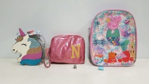 50 PIECE MIXED KIDS BAG LOT CONTAINING PEPPA PIG BACKPACKS, SEQEUNED BACKPACKS, UNICORN BAGS AND INITIAL BAGS ETC (PLEASE NOTE SOME BAGS HAVE SECURITY TAGS ON)