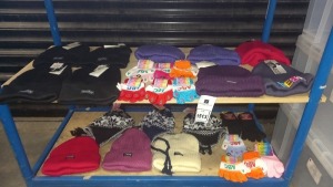 28 PIECE ASSORTED LOT CONTAINING MEN AND WOMENS THERMAL HATS, CHILDRENS GLOVES, EAR MUFFS AND HATS - ON 2 SHELVES