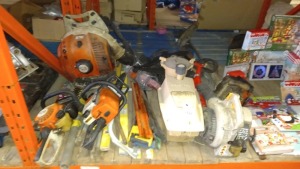 20+ PIECE ASSORTED LOT CONTAINING STIHL SAW, CHAINSAW, LEAFBLOWER, BACKPACK LEAF BLOWER, SAWS, DOUGHBOY POOL POWER-PAK II, SPIRIT LEVEL ETC - NONE TESTED