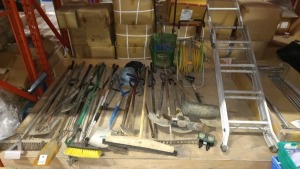 LARGE QUANTITY ASSORTED LOT CONTAINING LADDERS, GARDEN HOSE AND VARIOUS GARDEN TOOLS.