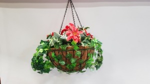14 X BRAND NEW BOXED HANGING BASKETS WITH ARTIFICIAL POINSETTIAS - IN 14 BOXES