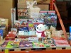 LARGE QUANTITY ASSORTED CHRISTMAS LOT CONTAINING VARIOUS CHILDRENS BOOKS, CHRISTMAS STORAGE BOXES, JIGSAWS, WOODEN HORSE ADVENT CALENDER, CARDS, DECORATE YOUR OWN WOODEN SLEIGH, LUXURY CELLOPHANE ROLLS, GAMES ETC