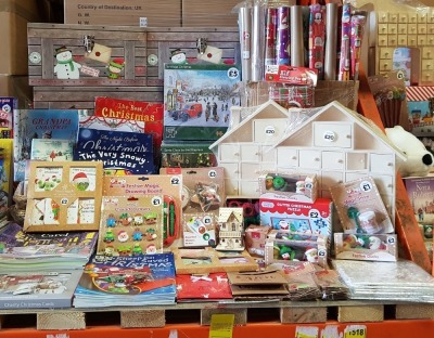 LARGE QUANTITY ASSORTED CHRISTMAS LOT CONTAINING LARGE WOODEN HOUSE ADVENT CALENDERS, CHRISTMAS WRAPPING PAPER, VARIOUS BOOKS, JIGSAWS, CHRISTMAS CARDS AND STORAGE BOXES, DECORATIONS, CHARACTER ERASERS, STICKERS, FESTIVE DUCKS ETC