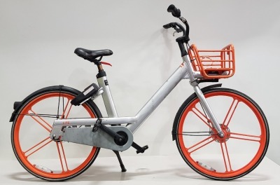 2 X ORANGE & SILVER CITY CAMPING BICYCLES - ROBUST ALUMINIUM 19 X 48 FRAME, SOLID PUNCTURE PROOF 24 TYRES, DYNAMO BUILT INTO FRONT WHEEL HUB, INTEGRATED BRAKE CABLES, COMPLETE WITH FRONT BASKET. PHOTOS ARE AN AVERAGE REPRESENTATION OF CONDITION (NOTE: COL