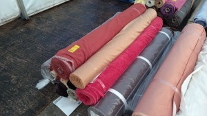 FULL PALLET CONTAINING 12 ROLLS OF ASSORTED FABRICS IN VARIOUS STYLES IE CHOCOLATE FLAT WEAVE, GOLD SILK EFFECT, RED VELOUR, FLORAL FLAT WEAVE, TERRACOTTA ETC.
(TOTAL 343M)