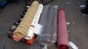FULL PALLET CONTAINING 12 ROLLS OF ASSORTED FABRICS IN VARIOUS STYLES IE RUST SQUARE, PISTACHIO, ORANGE STRIPE, LIME LEAF DESIGN, GEOMETRIC BURGANDY, CHOCOLATE/TEAL, BLACK AND GOLD FLORAL DESIGN, PEACH COTTON ETC (TOTAL 405.8M)