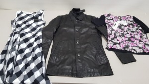 6 X PIECE MIXED CLOTHING LOT CONTAINING DAMSEL IN A DRESS YOP SIZE 8, HUGO BOSS LEATHER JACKET SIZE 48, JAMES LAKELAND DRESSES SIZE 14S AND DKNY DRESS SIZE 4