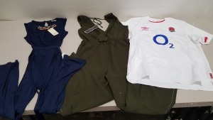 6 X PIECE MIXED CLOTHING LOT CONTAINING YUMI DRESS SIZE 12, UMBRO BRITISH RUGBY TOP 2XL, RELIGION JUMPSUIT SIZE 14, BARDOT DRESS SIZE 16, GESTUZ DRESS SIZE 6, AND GINA BACCONI DRESS SIZE 18