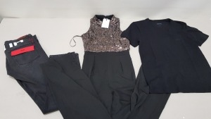 6 X PIECE MIXED CLOTHING LOT CONTAINING JAMES LAKELAND TROUSERS XL, HUGO BOSS T-SHIRT SIZE M, PIKEUR TROUSERS SIZE 42, LITTLE MISTRESS DRESS SIZE 10, HUGO BOSS JEANS WAIST 3 AND PRADA TROUSERS 34.