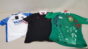 5 X PIECE MIXED CLOTHING LOT CONTAINING CANTERBURY IRELAND JERSEY SIZE L, AZZURRI JERSEY XS, MACRON JERSEYS SIZE XS AND SMALL, MACRON WARRIOR POLO SIZE LARGE AND A CANTERBURY JERSEY SIZE XL