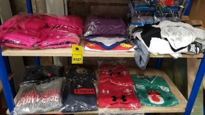 16 PIECE MIXED CHILDRENS CLOTHING LOT CONTAINING UNDER ARMOUR WRU JERSEYS, CONVERSE JUMPER, LONSDALE T SHIRTS AND A JUICY JACKET ETC
