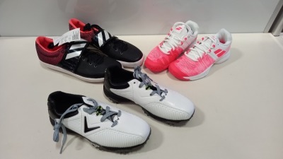 6 PIECE MIXED SHOE LOT CONTAINING CALLAWAY SHOES, BABOLAR SHOES, ADIDAS SHOES AND BEN SHERMAN SHOES ETC IN VARIOUS SIZES (UNBOXED - EX SHOP DISPLAY - POSSIBLE MINOR MARKS)