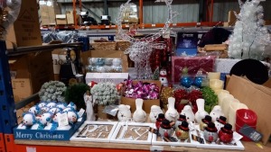 200 + PIECE MIXED CHRISTMAS DECORATION LOT CONTAINING SNOWMAN CHRISTMAS CHARACTER, LED CANDLES, SNOWMAN GLASS DOME LIGHT, SHATTERPROOF DECORATIONS AND PRE LIT DECORATIVE PINE TREES ETC