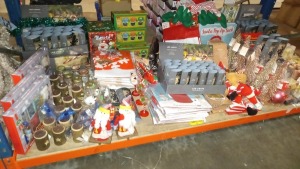 450 + PIECE MIXED CHRISTMAS DECORATIONS LOT CONTAINING WINTER WONDERLAND COLLAGE, SANTA COOKIE JAR, LED LIGHTS, CANDLES, ELF TABLES RUNNERS, SANTA SACKS, PLUSH CHRISTMAS TEDDYS AND BAUBLES ETC