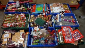 APPROX 500 PIECE MIXED CHRISTMAS DECORATION IN 9 TRAYS I.E BAUBLES, CHRISTMAS CRACKERS ELF TAPE, SANTA ACTIVITIES, MINI BAUBLES, REINDEERS DECS, WINDOW STICKERS ETC (IN 9 TRAYS NOT INC)