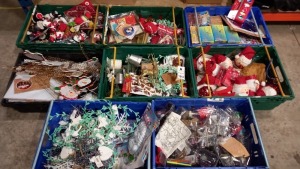 APPROX 400 PIECE MIXED CHRISTMAS DECORATION IN 8 TRAYS I.E BAUBLES, CHRISTMAS CRACKERS ELF TAPE, SANTA ACTIVITIES, MINI BAUBLES, REINDEERS DECS, WINDOW STICKERS ETC (IN 8 TRAYS NOT INC)
