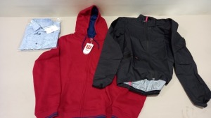 6 PIECE MIXED CLOTHING LOT CONTAINING CALF JACKET SIZE LARGE, WILSON HOODIE SIZE MEDIUM, ELIZA J DRESS SIZE 8, TIGER OF SWEDEN SHIRT SIZE 41-16, GINA BACCONI DRESS SIZE 18 AND PINICLE CYCLING SHORTS SIZE MEDIUM