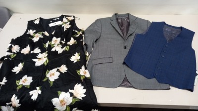 6 PIECE MIXED CLOTHING LOT CONTAINING STUDIO 8 DRESS SIZE 26, SKOPES WAIST COAT SIZE 38R, ADRIANNA PAPELL DRESS SIZE 18, ARMANI SCARF ONE SIZE, GINA BACCONI DRESS SIZE 22 AND HOWICK BLAZER SIZE 40R