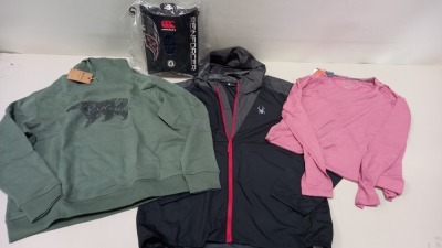 6 PIECE MIXED CLOTHING LOT CONTAINING CANTERBURY HEAD GEAR SIZE LARGE, MOUNTAIN WAREHOUSE ACTIVE TOP SIZE 16, RALPH LAUREN DRESS SIZE 12, STAND STUDIO JACKET SIZE 34, SPYDER RAIN JACKET SIZE LARGE AND MOUNTAIN WAREHOUSE JUMPER SIZE 16