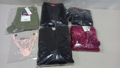 6 PIECE MIXED CLOTHING LOT CONTAINING TOMMY JEANS SKIRT SIZE 32, AGENT PROVOCATEUR PANTS SIZE 3, BARDOT ALBERTA DRESS UK SIZE 12, STITCHES OF LONDON OVERCOAT SIZE 10, HUGO BOSS OVERCOAT SIZE 6 AND BRITISH AND IRISH LIONS THREE QUARTER ZIP TOP