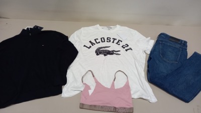 6 PIECE MIXED CLOTHING LOT CONTAINING TOMMY HILFIGER SWEATSHIRT SIZE SMALL, TOMMY HILFIGER T SHIRT SIZE XL, DKNY JOGGING BOTTOMS SIZE MEDIUM, LACOSTE T SHIRT SIZE 2XL, HUGO BOSS JEANS W36 L30 AND CALVIN KLEIN BRA SIZE 10