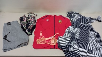 6 PIECE MIXED CLOTHING LOT CONTAINING ADRIANNA PAPELL DRESS SIZE 8, AGENT PROVOCATEUR BRA SIZE 36B, WEEKEND MAX MARA DRESS SIZE 14, CANTERBURY HOODIE SIZE XL, SEA FOLLY SWIMMING COSTUME SIZE 10 AND JORDAN SHORTS SIZE LARGE