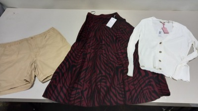 6 PIECE MIXED CLOTHING LOT CONTAINING TED BAKER CARDIGAN SIZE 3, TED BAKER DRESS SIZE 2, TED BAKER SKIRT SIZE 2, BIBA DRESS SIZE 10, CALVIN KLEIN PANTS SIZE 10 AND RALPH LAUREN SHORTS SIZE LARGE