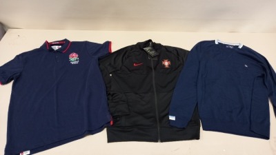 5 PIECE MIXED CLOTHING LOT CONTAINING PENGUIN JUMPER SIZE MEDIUM, RUGBY FOOTBALL UNION POLO SIZE SMALL, ROXY BIKINI TOP SIZE 14, NIKE TRAP TOP SIZE MEDIUM AND ADRIANNA PAPELL DRESS SIZE 12