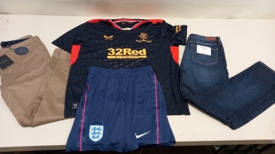 6 PIECE MIXED CLOTHING LOT CONTAINING TOMMY HILFIGER JEANS SIZE 31-32, SEA FOLLY BIKINI BOTTOMS SIZE 8, TED BAKER DRESS SIZE 2, NIKE ENGLAND SHORTS SIZE MEDIUM, TED BAKER TROUSERS SIZE 32R AND CASTORE T SHIRT SIZE 5XL