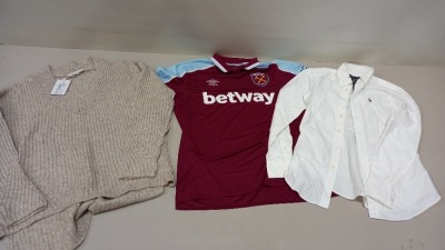 5 PIECE MIXED CLOTHING LOT CONTAINING TED BAKER JUMPER SIZE 3, FANTASY BRA SIZE 34DD, DORINA SWIMMING COSTUME SIZE 12, RALPH LAUREN SHIRT SIZE XS AND A WEST HAM SHIRT SIZE LARGE